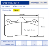 Pagid Racing Rear Brake Pad Set No. 8214 for Lotus/AP Racing Evora 3.5/Evora 3.5 S (supercharged)