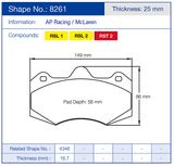 Pagid Racing Front Brake Pad Set No. 8261 for McLaren/AP Racing 570S GT4 race car (wider front caliper)/CP3215 D42