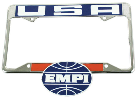 Elevate your vehicle's style with the EMPI USA License Plate Frame for the rear. Crafted for durability and designed to showcase your love for EMPI, this frame fits most standard license plates. A must-have for any enthusiast—grab yours now and make a statement on the road!