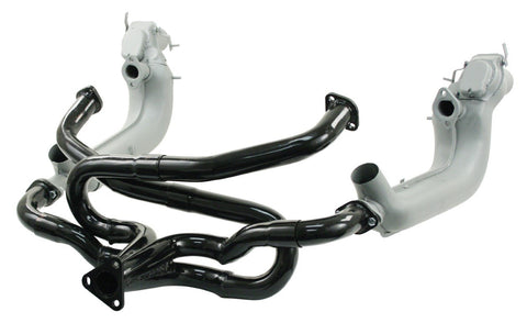 EMPI 1 5/8" Merged Flanged Header with Swivel Stinger. Features high-flow design, HD flanges, and is compatible with racing heater boxes or J-tubes.