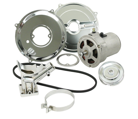 EMPI's Alternator Kit with Chrome Components features a 55AMP alternator and chrome stand, strap, pulley, and more for a sleek upgrade. Shop now at PMB.