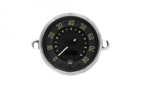 Elevate your VW Type 1 Beetle with the Smiths 115mm digital speedometer, made in the UK. This original dashboard fit includes features like odometer and trip readout, indicator, high beam, oil pressure, and charge warning lights. Enjoy "drive-to-set" programming in MPH or KMH versions.