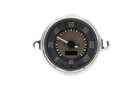 Transform your VW Type 2 with our Brown Dial and Chrome Bezel Speedometer! This UK-made speedometer is a must-have for Split Screen enthusiasts, featuring a digital dashboard with a 0-120 MPH readout, indicator, high beam, oil pressure, and charge warning lights. Its "drive-to-set" programming and availability in MPH or KMH make it a reliable and accurate accessory for your vehicle.