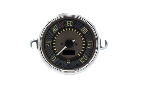 Elevate your VW Type 2 with our Brown Dial and Chrome Bezel Speedometer! This UK-made 115mm speedometer is designed to fit Split Screen dashboards perfectly. It includes an odometer, trip readout, and crucial warning lights. Programmable in MPH or KMH, you can drive with confidence and precision. Don't miss out on this essential upgrade—order today!