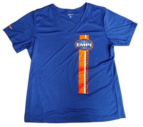 EMPI Women's V-Neck - XLarge: Blue shirt with orange pinstriped logo. Shop now at PMB Performance.