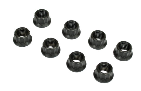 EMPI 12 Point 8mm Engine Nuts, Black, 8 pieces. 8mm-1.25 thread, 10mm 12-point socket, durable and corrosion-resistant for reliable engine performance.