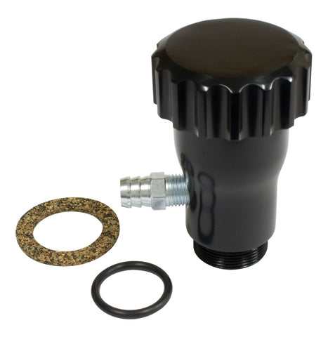 Discover the smooth-flow oil filler with a polished billet grooved cap (P/N: 8899) designed for optimal performance. This oil filler includes a 1/4" NPT to 1/2" barbed hose fitting, ensuring easy breather line connections. Both the cap and body are fully polished, and the kit includes a gasket and o-ring for seamless installation.