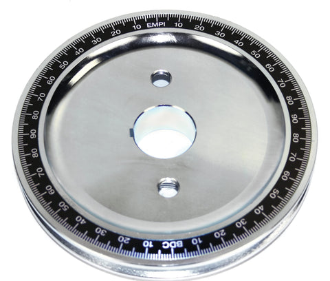 EMPI's Steel Billet pulleys are here! Weighing approximately 3 1/2 lbs, these pulleys reduce crankshaft vibration, promoting extended engine case and bearing life. Each pulley is fully balanced with a striking silver zinc finish and bright white timing marks on a black background. Ensure optimal performance with P/N: 9117 bolt and washer (sold separately). Buy yours today!