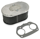 This EMPI Die-Cast Oval Air Cleaner includes a Die-Cast Top and Bottom, both with the EMPI Logo, and a 3.5" washable and reusable Gauze Filter. It is compatible with EMPI HPMX, Weber IDF, and EMPI D Series carburetors and comes with necessary hardware and a gasket.