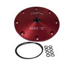 8-Bolt Mag X-Plate, Red: CNC-machined billet aluminum plate with o-ring, magnet, and drain plug for easy inspections. Available in Red, Black, Blue, and Silver.