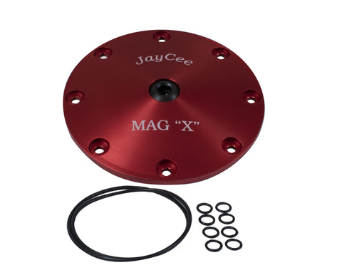 8-Bolt Mag X-Plate, Red: CNC-machined billet aluminum plate with o-ring, magnet, and drain plug for easy inspections. Available in Red, Black, Blue, and Silver.