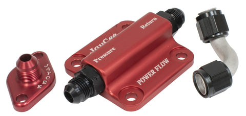 The JayCee Billet Full Flow Cover is engineered with a unique high flow bypass system set at 120 psi, minimizing high-pressure gear operation to save horsepower. Made from premium 6061 T-6 aluminum and anodized for durability, this kit includes the Power Flow Pump Cover, Universal Oil Return, and Power Flow Return line in multiple colors!