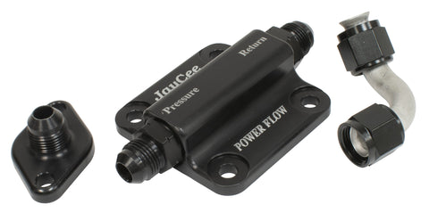 Experience superior engine performance with the JayCee Billet Full Flow Cover. Its built-in high flow bypass system, set at 120 psi, significantly reduces horsepower loss from high-pressure gears. Made from durable 6061 T-6 aluminum and anodized for a professional appearance, this kit includes a Power Flow Pump Cover and more!