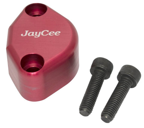 Enhance your engine bay with the JayCee Billet fuel pump block-off featuring a breather hole. Made from robust 6061 aluminum and finished with anodizing for lasting quality, this component includes a 3/8 NPT hole on the back for effortless fitting installation. Complete with mounting hardware, it's perfect for any performance build!