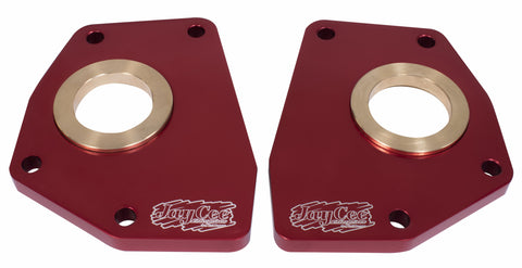 JayCee Billet Spring Plate Retainers eliminate tow-in on hard drag race launches, keeping your suspension stable at high speeds. CNC machined from 6061 aluminum, polished, anodized, and laser-engraved with the JayCee logo. Includes CNC machined bronze bearing bushing. Made in the USA. Sold in pairs.