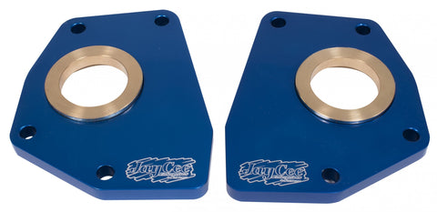 Keep your suspension stable and eliminate tow-in with JayCee Billet Spring Plate Retainers. CNC machined from 6061 aluminum, polished for a high-luster finish, anodized, and laser-engraved with the JayCee logo. Includes bronze bearing bushing. Made in the USA and sold in pairs for high-performance use.