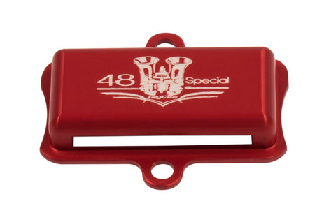 Boost your engine's performance with JayCee's Jet Deflector for the 48 Weber IDA carburetor! Crafted from billet aluminum, this deflector minimizes turbulence above the jet stack and fits perfectly over stock jet screens. Available in Red, Black, or Blue with the iconic "48 Special" logo, each unit enhances both performance and aesthetics.