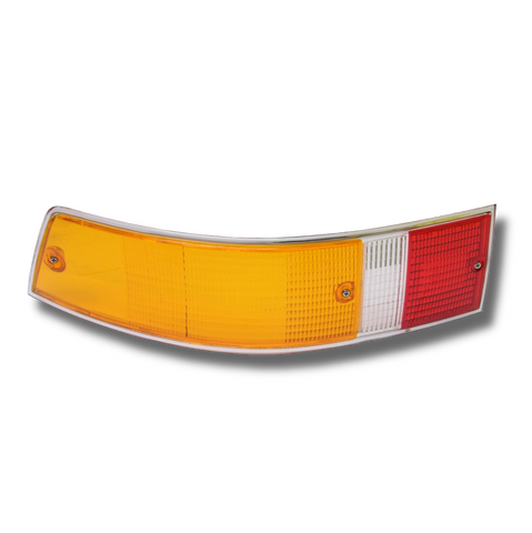 Upgrade to Our Left Euro Style Red and Amber Tail Light w/ Chrome Trim for Porsche 911 (1969-71)! Precision-molded to OE dimensions for guaranteed fitment, this tail light lens replacement instantly improves appearance and resale value. Features a high-quality, UV and scratch-resistant crystal-clear lens, accurate OE color reproduction, and a tight leak-proof fit. Comes with a 24-month unlimited mileage warranty. Replaces 911 631 923 03.