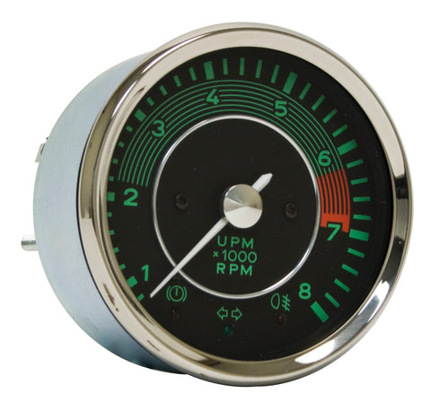 EMPI 356 Tachometer 0-8000RPM, replica VDO gauge with face-lit design for classic Porsche dashboards. Perfect for restorations. Shop now at PMB.